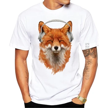 100% Algodão Quente De Vendas Animal Homens T-Shirt De Verão Sorrindo Musical Fox Gráfico Impresso Camiseta De Manga Curta-O-Tops Com Decote Engraçado Tees