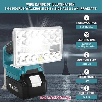 18V LED Lâmpada de Lanterna ao ar livre Holofotes de Luz para Makita BL1430 BL1830 Bateria de Lítio USB Iluminação Exterior