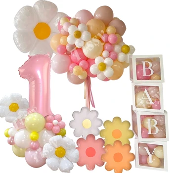 1set Margarida Flor Balões Torre Transparente com Balão de Caixas para Crianças de 1ª Feliz Festa de Aniversário, Decoração Presentes DIY de Abastecimento