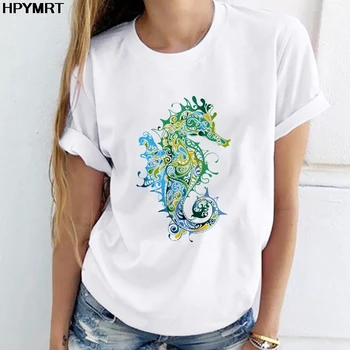 2020 Verão de Novo Harajuku Gráfico T-Shirt das Mulheres Hipocampo Impresso T-shirt da Moda Casual Tshirt Gráfico Superior Tee de Vestuário Feminino
