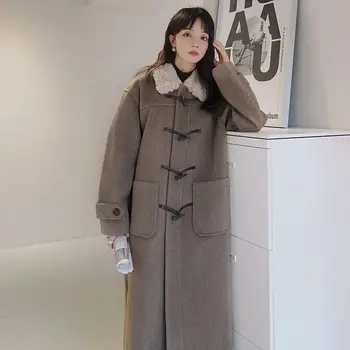 2022 Inverno coreano Gola de Pele Botão da Buzina de Lã Casaco Solto Vento Suave de Comprimento Médio Senhoras Moda Retro Jaqueta Blusão h2372