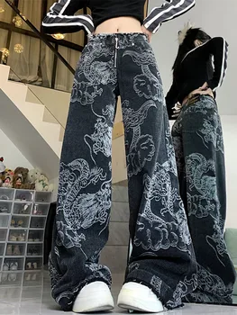 2023 Cyber Y2K Streetwear Dragão de Impressão Preto Folgado de Perna Larga Calças Jeans Para Mulheres DE 90 Roupas Vintage Lady Reta Calças