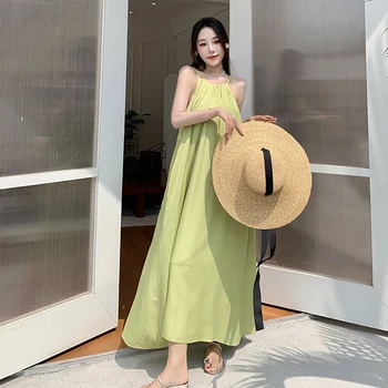 2023 Verão de Novo Abacate Verde Solta Maxi Vestido Longo para as Mulheres, Vestidos de Férias coreano Balançando Casa Manto de Tornozelo Comprimento Vestido