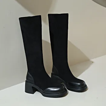 35-40 Botas de Mulher Feminina Primavera, Outono Grosso Calcanhar de Couro Artificial Slip-on Sólido de Moda Casual do Lado de Alta Sapatos de Senhoras Hw78