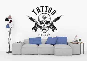 A tatuagem do Salão de Vinil Adesivo de Parede Personalidade Crânio de Máquina de Tatuagem Tatuagem do Logo do Studio Cartaz Loja de Sinal Art Deco Adesivo 2WS09