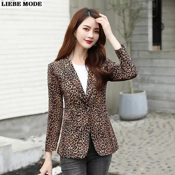 As mulheres do Vintage Leopard Impressão Casual Blazers Outono coreano Moda Senhoras de Manga Longa Entalhado Jaqueta de Terno Slim Fit Casaco