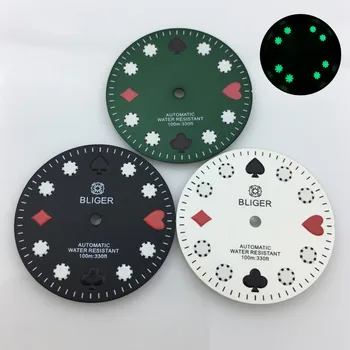 BLIGER 29mm de discagem de Poker Padrão de Índice de Preto e Branco Verde dial Verde Luminoso índice adequado para NH35A NH36A movimento