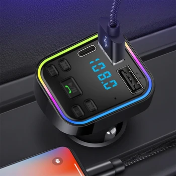 Carro de Bluetooth 5.0 Transmissor FM PD-Tipo C Duplo USB 3.1 UM Carregador Rápido Colorido de Luz Ambiente mãos livres MP3 Player Modulador