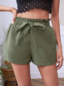 Casual Laço Shorts Mulheres De Verão 2023 Novo Sólido Elástico Meados De Cintura Reta Curto Calças Elegantes Fêmea Solta Calça De Roupas