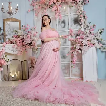 Cor-De-Rosa De Tule Vestidos De Baile Maternidade Photoshoot Vestido De Noite Gravidez De Aniversário, Chá De Bebê Vestido