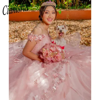 Cor-de-rosa Fora Do Ombro Mexicano Vestido Quinceanera Apliques 3D Flor Vestido De XV Anos 15 16 Festa de Aniversário de Vestido de Baile,