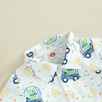 Criança Menino Roupas de Verão Dinossauro Impressão de Manga Curta Botão Baixo Camisa com Cor Sólida Shorts 2Pcs Roupa