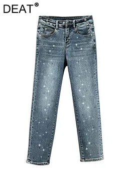 DEAT Mulheres Jeans de Cintura Alta Diamante em linha Reta Fino de Algodão Stretch Denim Bezerro Comprimento de Calças 2024 Primavera de Moda de Nova 29L6591