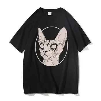 Death Metal Gato Sphynx Witchy Tops da Moda Gótica Tshirt Steampunk Hipster Unisex Tendência Camisa Curta-sleev Tee
