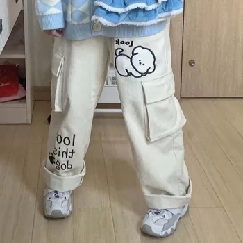 Deeptown Japonesas Kawaii Carga Calças de Veludo para as Mulheres Inverno Mauricinho Harajuku Bonito Calças Bordados Vintage Wide Leg Pants