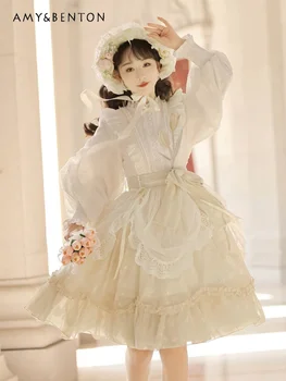 Doce Diariamente Lolita Vestidos Gentil e Elegante de Fadas Estilo Kawaii Lanterna Manga de Renda com Babados Vestido Midi para as Mulheres 2024 Primavera Novo