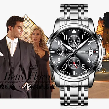 Dos Homens de moda pulseira de Aço Relógio Calendário Único Brilho Relógios de Pulso de Luxo de Negócios de Quartzo do Relógio Relógio Relógio Masculino