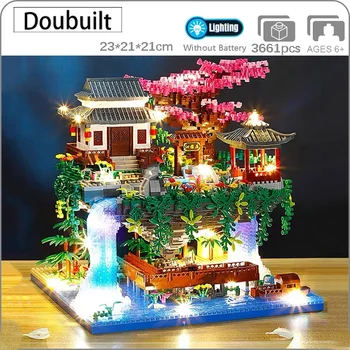 Doubuilt Mundo da Arquitetura do Templo do Pavilhão Casa Piscina com Cascata de Luz LED 3D Mini Blocos de Diamante Tijolos de Construção de Brinquedo