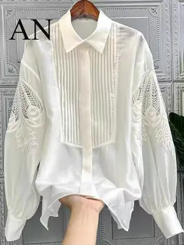 Elegante e Jovem Mulher de Flores de Chiffon Branco de Lapela com Bolha Mangas Estilo Descontraído Único Breasted Shirt Impresso Blusa