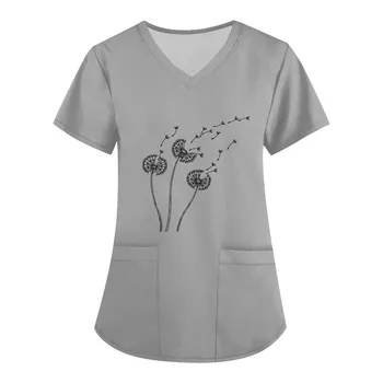 Enfermeira Uniformes Mulheres De Manga Curta, Decote Em V Estampa Floral Cuidou De Trabalho Blusa Com Bolsos Tops Esfoliação De Uniformes, Vestuário De Trabalho
