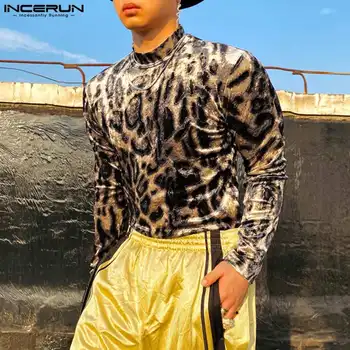 Estilo coreano Bonito de Moda masculina de Pescoço Alto de Camurça T-shirts Casual Leopard Impresso Manga Longa Camiseta S-5XL INCERUN Tops 2023