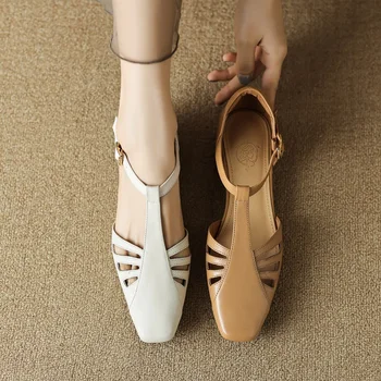 Estilo Francês De Calçados Femininos De Couro Elegante Fechado Do Dedo Do Pé Calçados Femininos Retro Mola Vintage Simples Sapatos De Verão, Sandálias De Gladiador