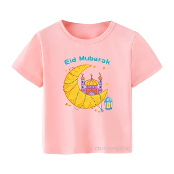 Feliz Eid Mubarak Impressão de Crianças T-Shirt de Verão Meninas Rosa Roupas de Bebê Lua&Mesquitas Design Tees Islâmica Muçulmana T-shirt Roupas Tops