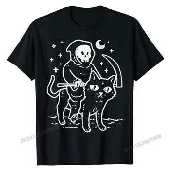 Grim Reaper Andar de Gato Lua Engraçado Morte do Traje de Halloween T-Shirt de Fitness, Camisetas para o homem Simples de Algodão Família Top T-shirts