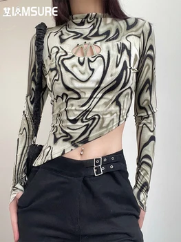 IAMSURE Casual Streetwear Ocos Impresso Cropped T-Shirt Slim O-Pescoço Longo da Luva Tees Mulheres 2023 Outono, Primavera de Moda Senhora