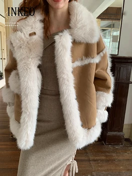 Inverno falso casaco de pele para as mulheres formam a colcha de Retalhos virada para baixo de gola de casaco Solto Quente 2024 Coleção de pelúcia casaco INKEO 3O307