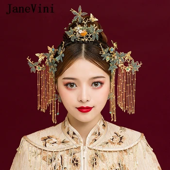 JaneVini De Luxo Casamento Chinês Cocar Antiga Gancho De Cabelo Frisado Nupcial Coroa De Ouro De Borla Mulheres De Jóias De Noiva E Acessórios Para O Cabelo