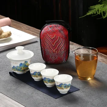 Louças de Cerâmica, Bules de chá com 3 Copos de Chá de Porcelana Gaiwan Kung Fu Teaset Portátil Teaware Viagens Conjunto de Chá em Copos de Presentes