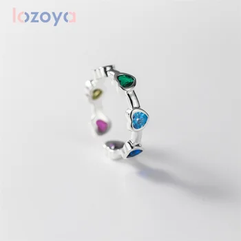 LOZOYA 925 Anéis de Prata Esterlina Para as Mulheres Zircão Charme Diamante de cor Anillo em forma de Coração Estilo Retro Aberto Índice Anel de Dedo