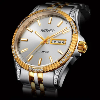 Luxuoso Relógio Automático Homens 40mm de Negócios Mecânica Relógios de pulso de Aço Inoxidável com Diamantes Luminosos Relógios RIQINGS 2023