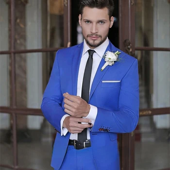 Mais recente Luxo Homens Ternos para Casamento Slim Fit Lapela Entalhe Noivo Smoking de Moda Casual Céu Azul 2 Peças Terno Masculino (Blazer+Calça)