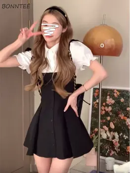 Mauricinho 2pcs Conjuntos Mulheres de Verão de Novo Puff Manga Doce Camisas Plissado Mini Vestido de Roupas Suave Alunos coreano Elegante Streetwear