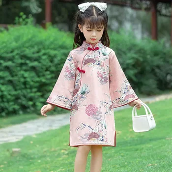 Meninas de Vestido Outono Inverno de mangas compridas Cheongsam para crianças, Crianças Chinesas Estilo Princesa Vestido de Tang Terno Hanfu Roupas