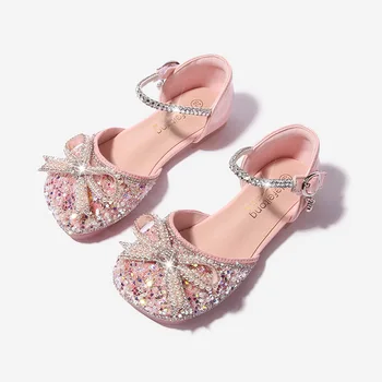 Meninas Dedos Cobertos de Sandálias de Miúdos Strass Princesa Sapatos com Arco-nó de Moda de Crianças Maria Janes Sapatos para Festa de Casamento