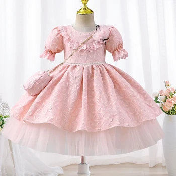 Meninas' pérola ' bordado vestido de princesa 0-6 anos de idade do bebê flower lace puffy vestido de banquete host de alta endevening vestido+shoulderbag