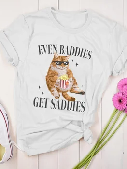 Mesmo Maus Obter Saddies Slogan do sexo Feminino Camisa Bonito de Algodão, Um Gato com Óculos de sol e Pipoca de Impressão de T-shirt 2024 Elegante Tê Fêmea