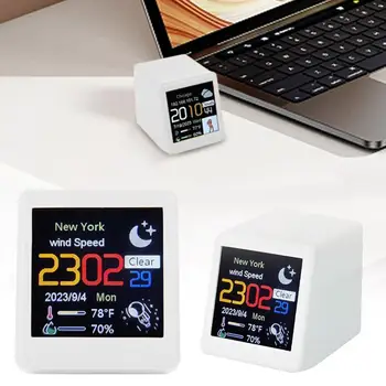 Mini Smart Smart Desktop Clock de Temperatura, Umidade Cidade do Vento Eletrônica Animação Tempo de Relógio de Mostrador de Velocidade Decoração Data Smar N4B0