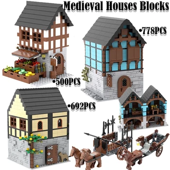 MOC Medieval Street View, Casa de Blocos de Construção Militar, Cavaleiro do Exército Castelo Alimentos Loja de Fruta Taberna do Vinho Transporte de Arma de Tijolos de Brinquedo