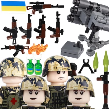 MOC Militar Ucrânia Soldados Blocos de Construção Fogo Garrafa Starstreak HVM Canhão Bandeira Impresso Telhas de Armas Arma Conjunto de Tijolos Brinquedos