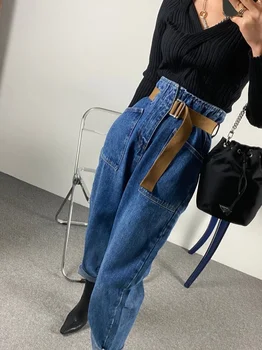 Moda Vintage Mãe De Jean Solta Lavado Denim, Calças De 2021 Mulheres Coreano Cintura Alta De Tornozelo Comprimento Folgado Com Cinto Harém Calças Jeans