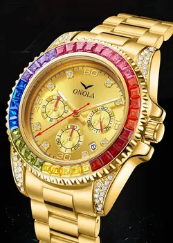 Negócios de Ouro, Relógios Mens Marca ONOLA Moda Colorida Diamante Homem do Relógio de Aço Inoxidável, Impermeável Luxo de Quartzo Relógios Wriat