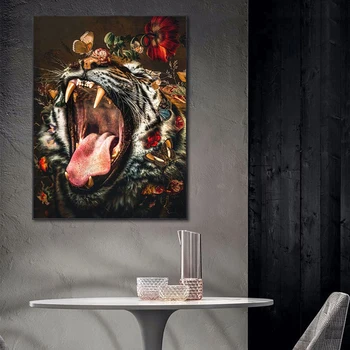 Nordic Moderna, Pintura Clássica, Flor Do Animal Tigre, Leão Chimpanzés Cartaz Impressão De Parede Imagens De Arte Da Lona Sala De Estar Cuadros