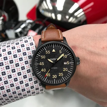 Nova Moda Parnis 44 mm com Mostrador Preto Relógio Mecânico Automático Pulseira de Couro Marrom Amarelo Mãos Luminoso Homens Relógios reloj hombre