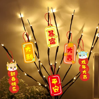 O Ano Novo Chinês Decoração Do Ano Do Dragão Chinês Pingente Vermelho Pendurar Ornamentos Com Cadeias De Sorte Elementos Bênção Palavras Pingente
