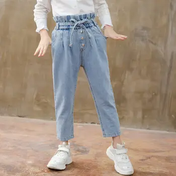O coreano Bebê Meninas de Calças Jeans Flor de Cintura Alta Bebê Menina de Jeans com Cinto para Crianças Meninas Casual, de Jeans, Calças De 4 de 13 Anos