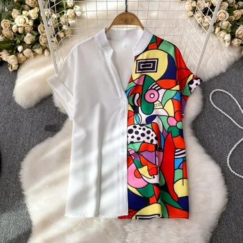 O Decote em V Contraste de Cores Padrão de Impressão de Retalhos Camisas de Verão coreano Moderno Blusas Mujer comprido Solto Kawaii Bonito Blusas
